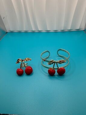 Gold Cherry Cuff Bracelet and Stud ring Set - Red Cherries